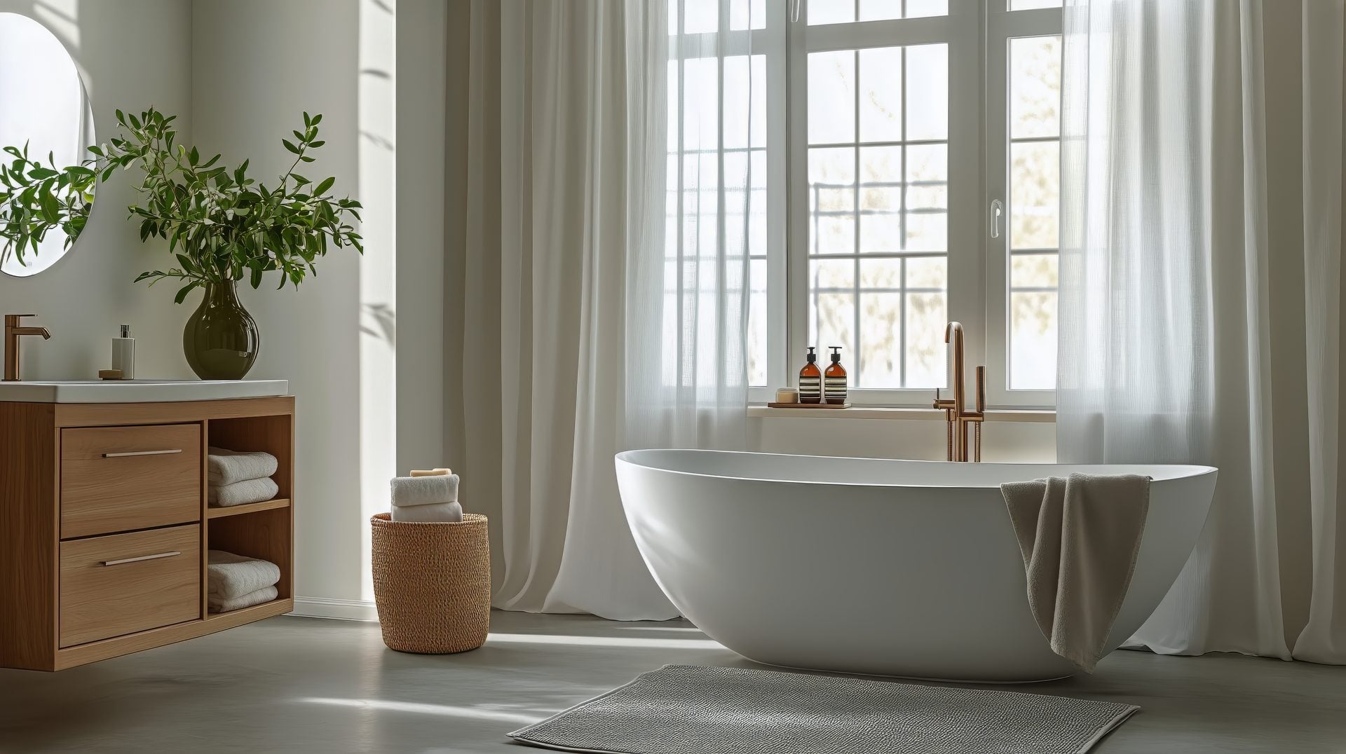 Elegant bathroom with freestanding tub and copper hardware