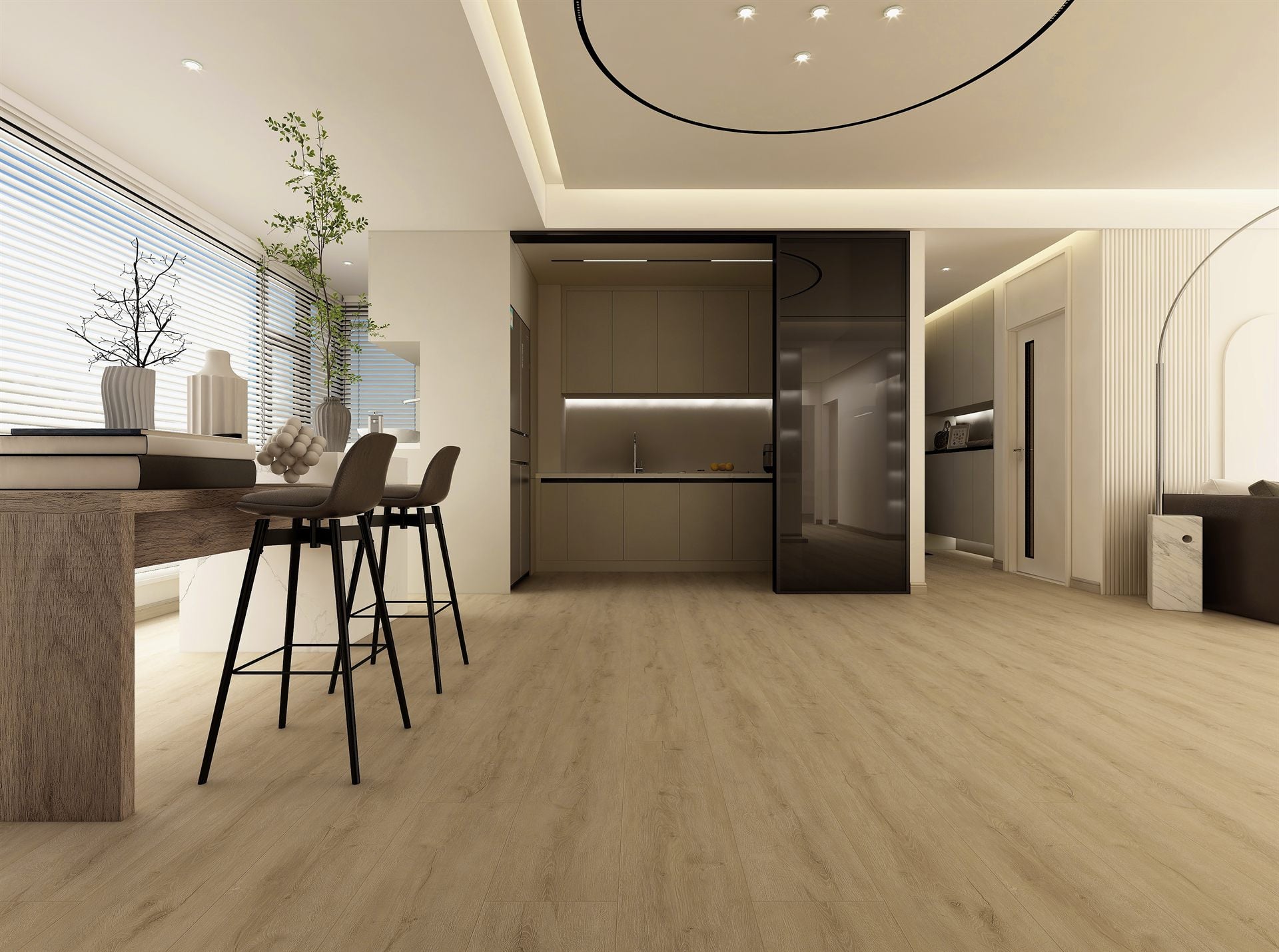 SPC rigid-core plank flooring in a bright modern interior