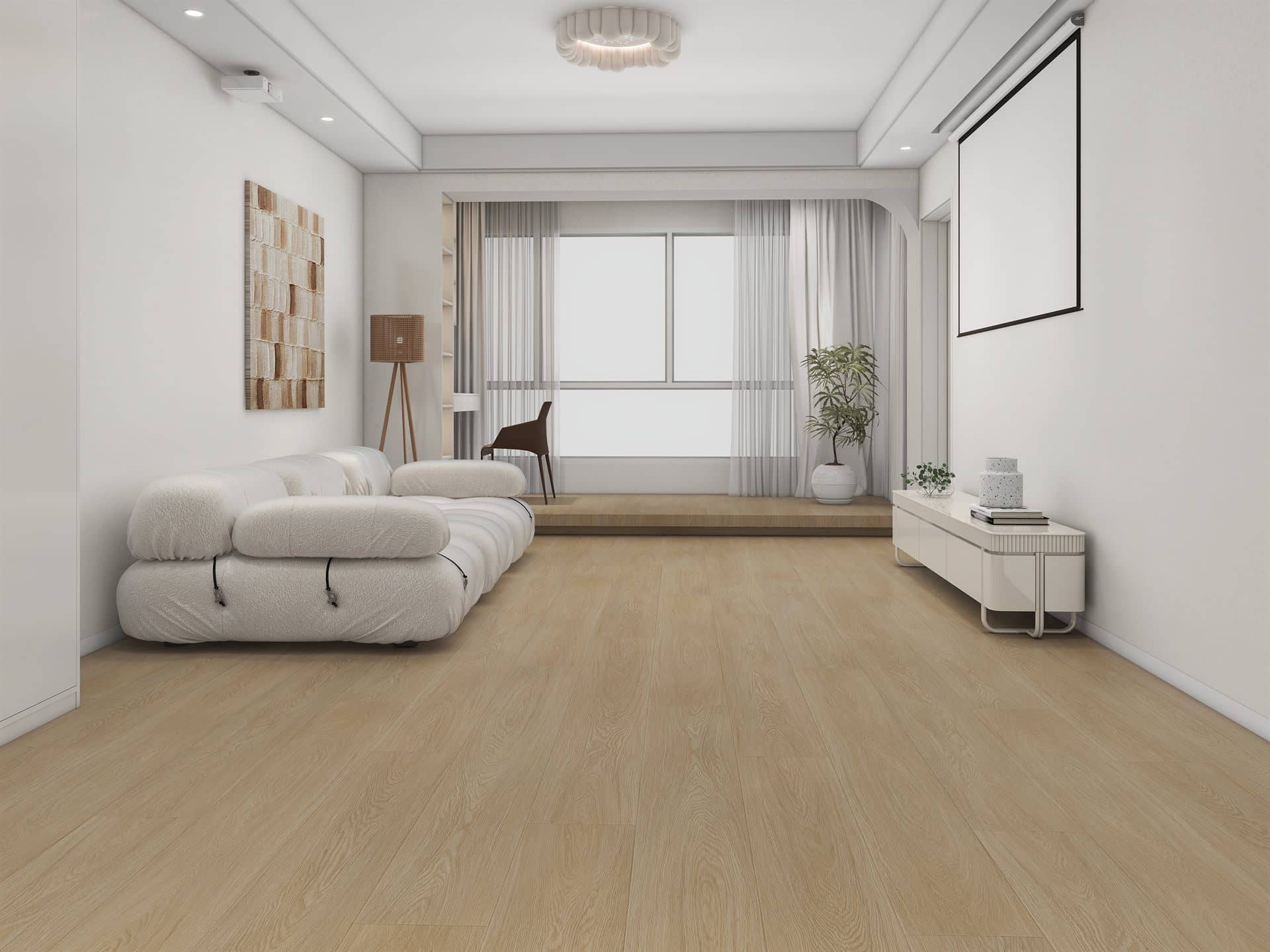 Wide-plank laminate wood flooring in a bright interior