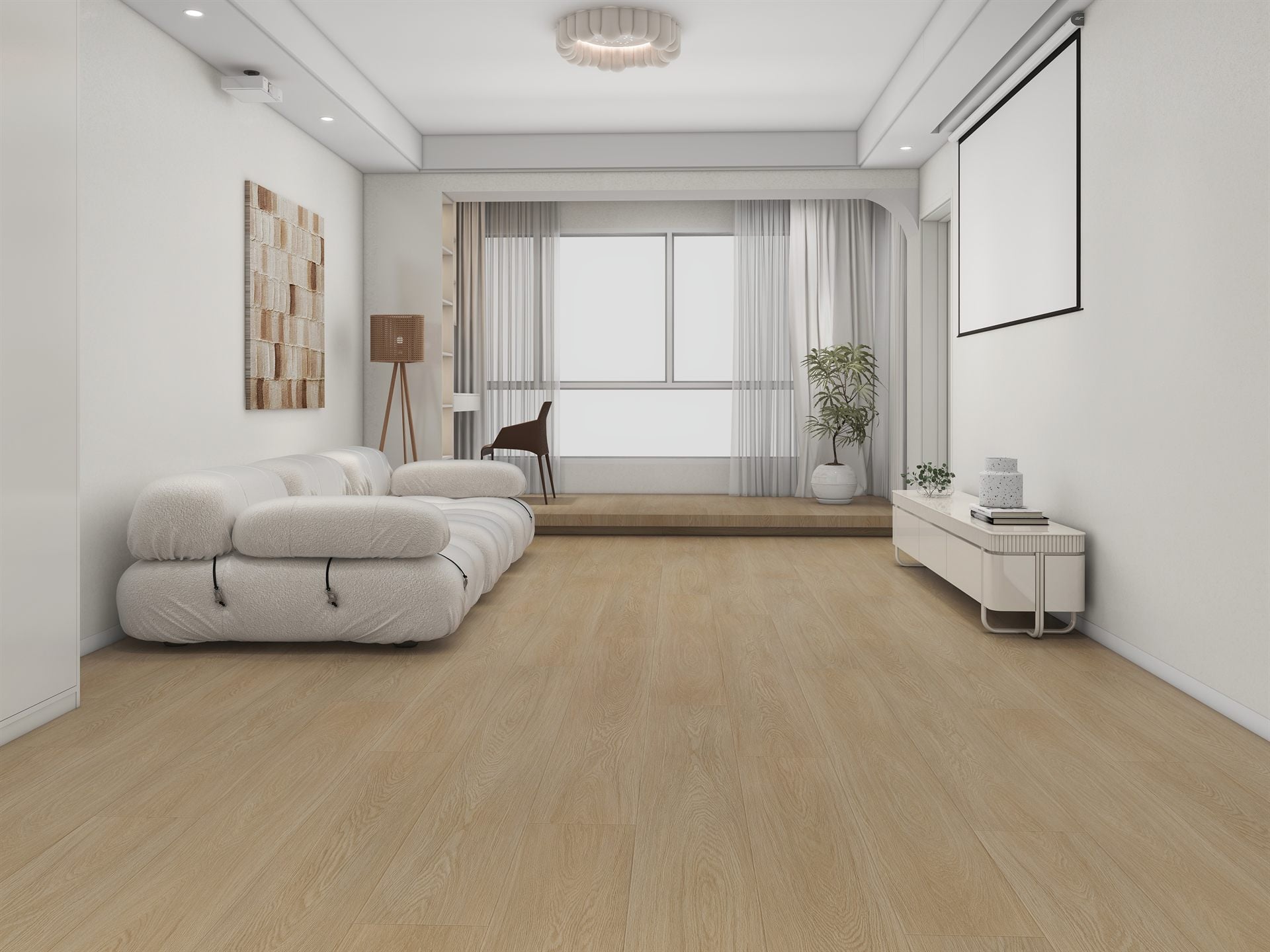 Wide-plank laminate wood flooring in a bright interior