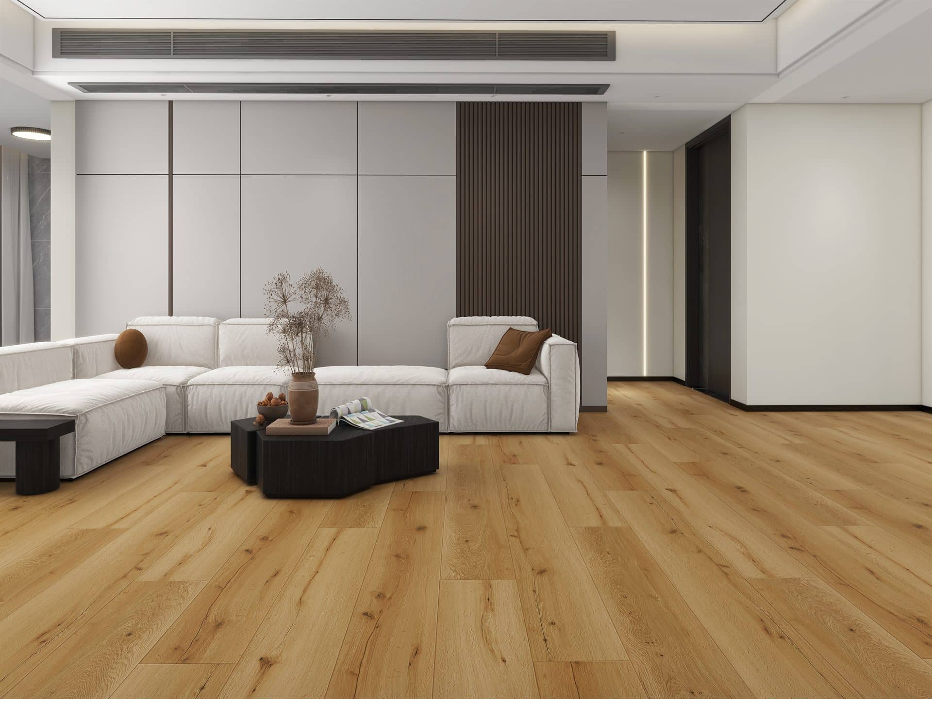 Designed interior with coordinated flooring and feature wall
