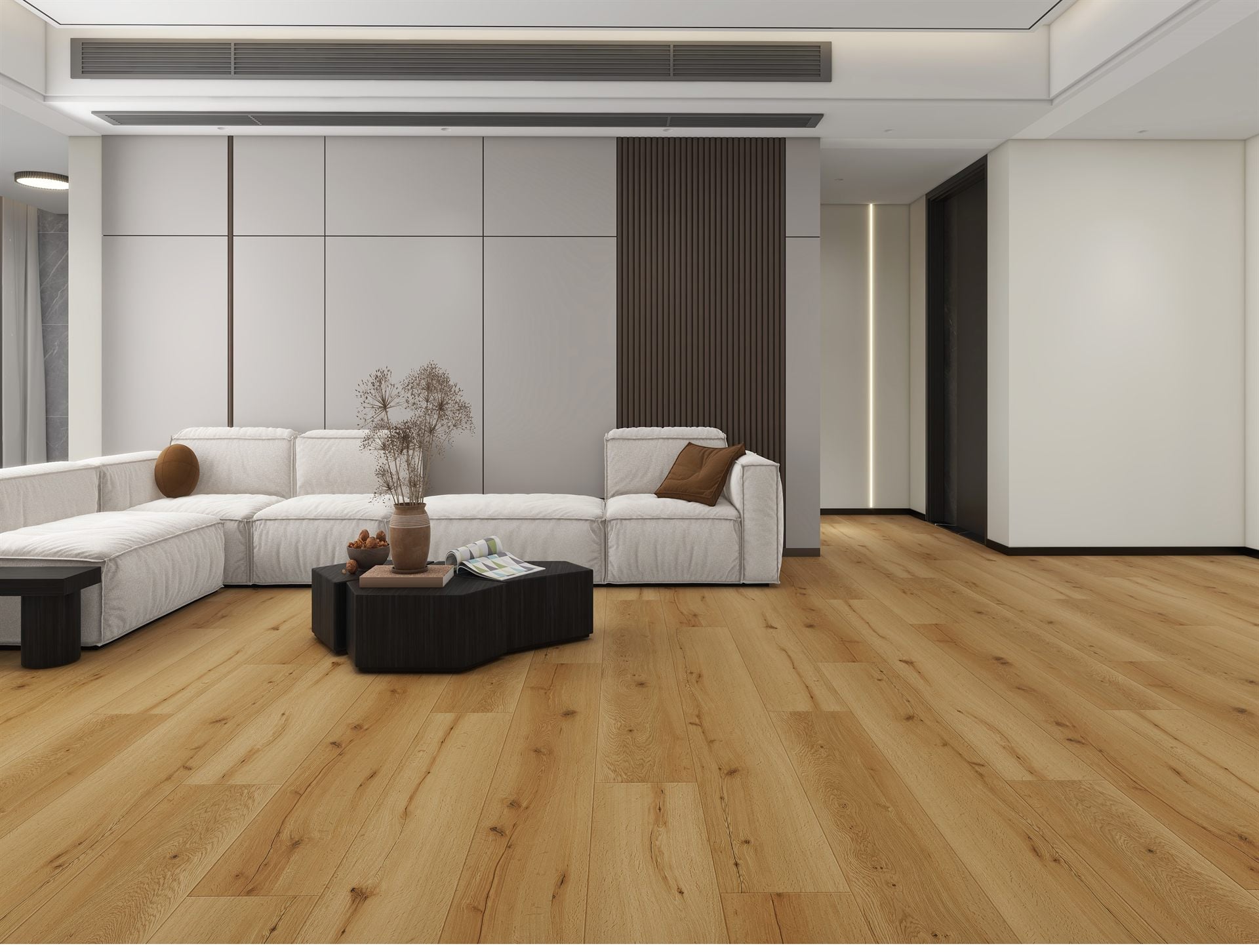 Designed interior with coordinated flooring and feature wall