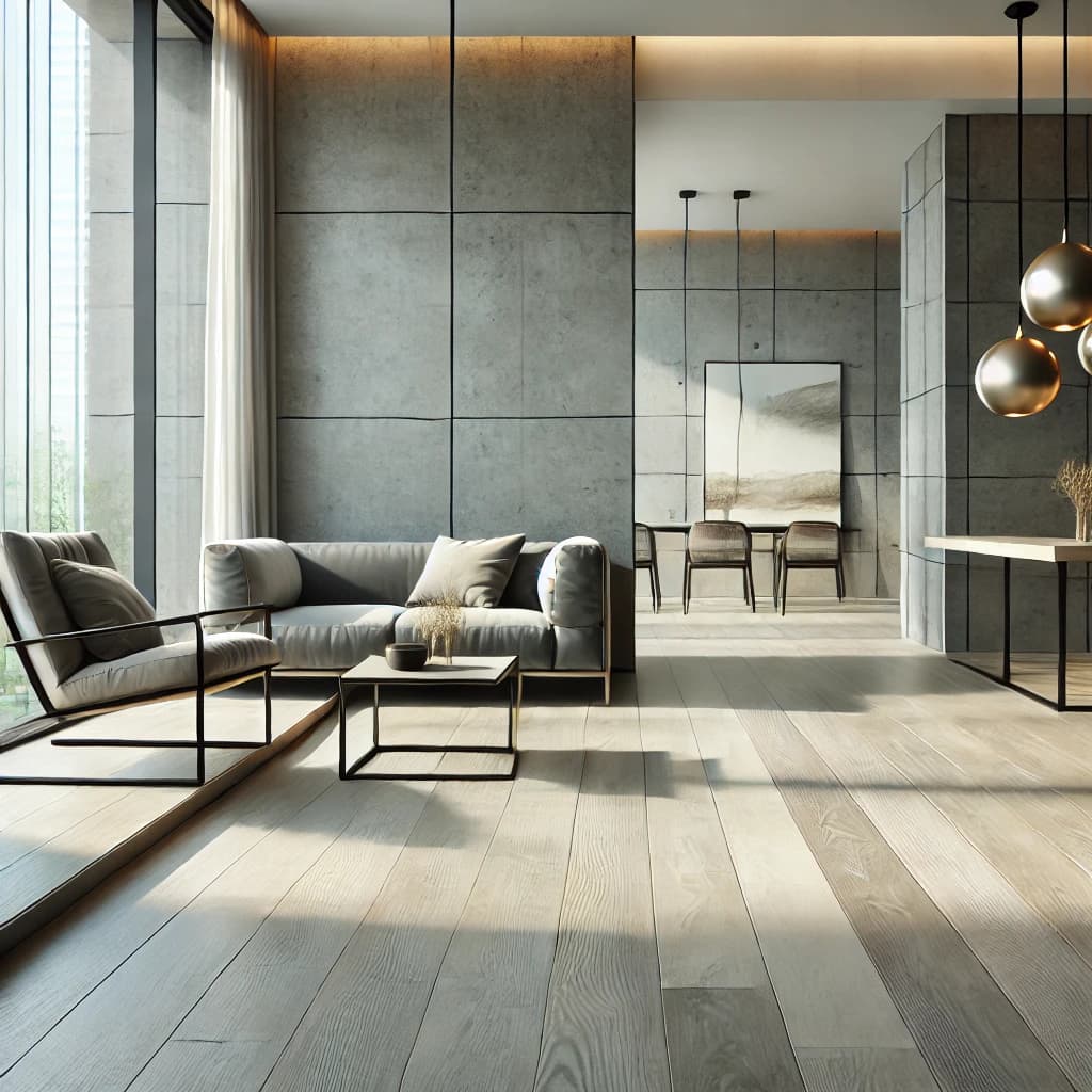 Modern interior with wide-plank light grey flooring