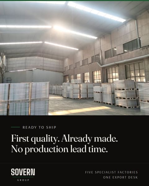 Factory warehouse with finished stock on pallets. First quality, already made, no production lead time.