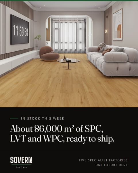 Warm oak plank floor. About 86,000 square metres of SPC, LVT and WPC stock, ready to ship.