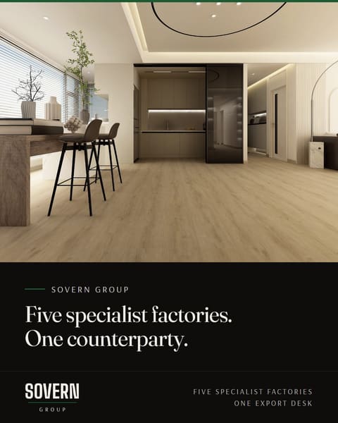 Open plan kitchen and living space with a greige floor. Sovern Group: five specialist factories, one counterparty.